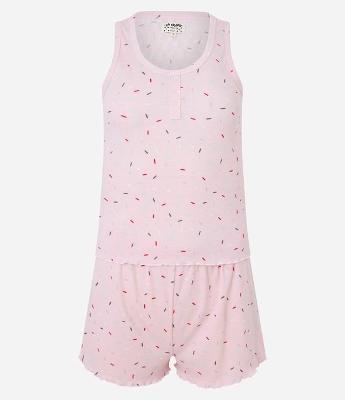 Pijama Short Doll Regata Larga em Ribana com Estampa de Tracinhos