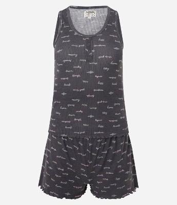 Pijama Short Doll Regata Larga em Ribana com Estampa de Palavras