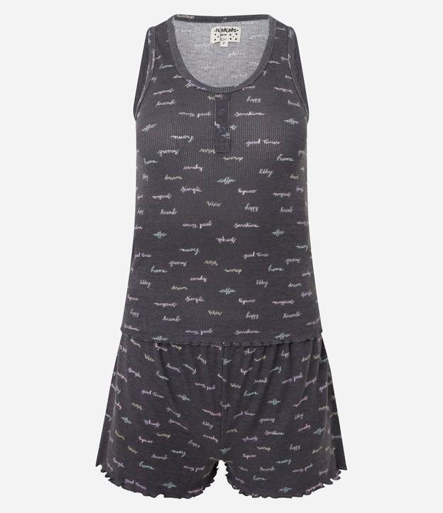 Pijama Short Doll Regata Larga em Ribana com Estampa de Palavras - 1