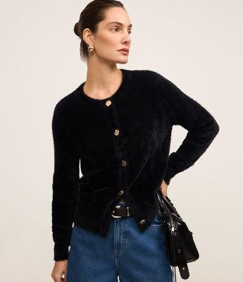 Cardigan em Poliamida Peluciada com Punhos Largos