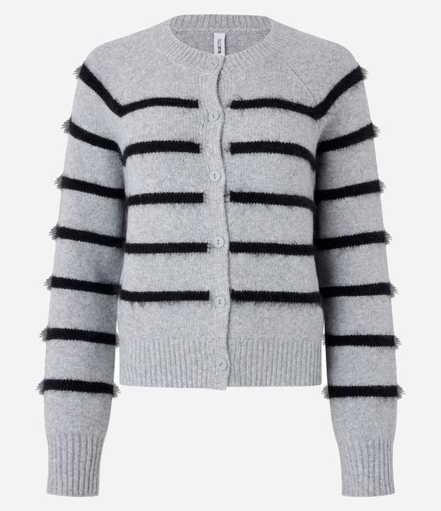 Cardigan Curto em Tricô com Botões e Listras - 1