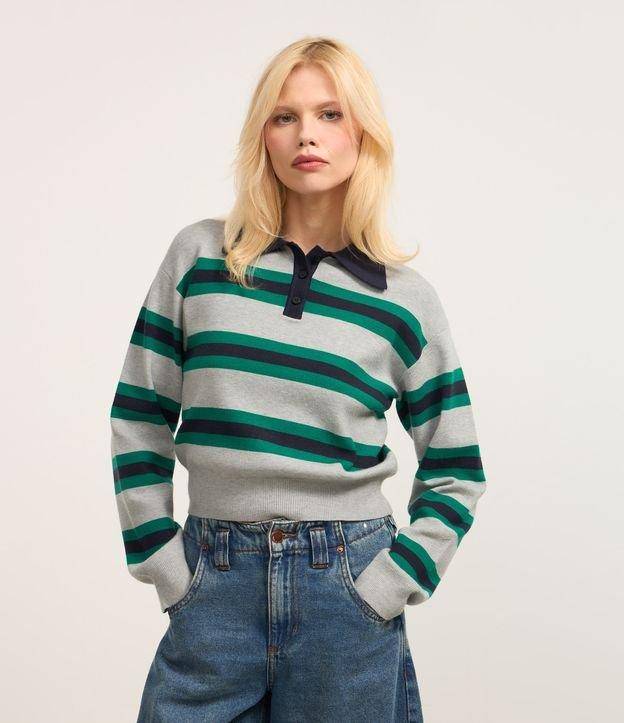 Suéter em Tricô com Listras e Gola Polo - 1