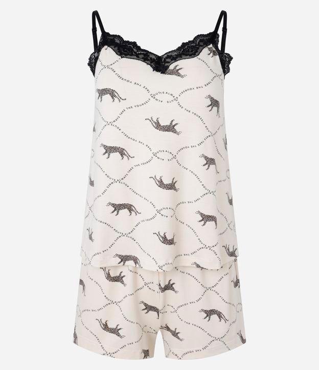Pijama Short Doll em Viscose com Rendinha e Estampa de Onças - 1