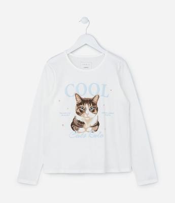 Camiseta Infantil com Estampa Gatinho - Tam 5 a 14 Anos
