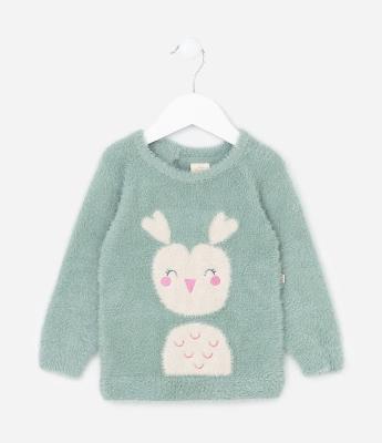 Suéter Infantil Peluciado com Estampa Bichinho - Tam 0 a 18 meses