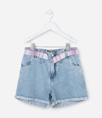 Short Infantil em Jeans com Cinto - Tam 5 a 14 Anos