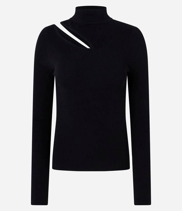 Blusa Ajustada em Tricô Leve com Gola Alta e Abertura no Ombro - 1