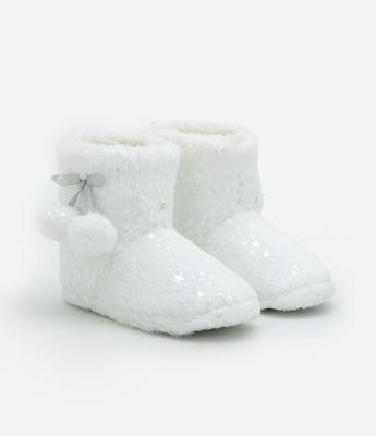 Pantufa Bota Infantil com Pompons e Estrelinhas - Tam 29 a 36