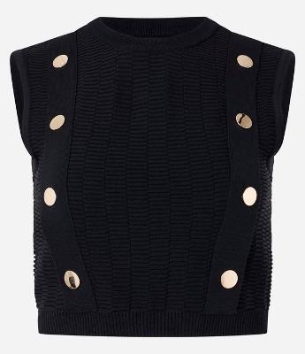 Blusa sem Manga em Tricô com Faixas Frontais e Botões