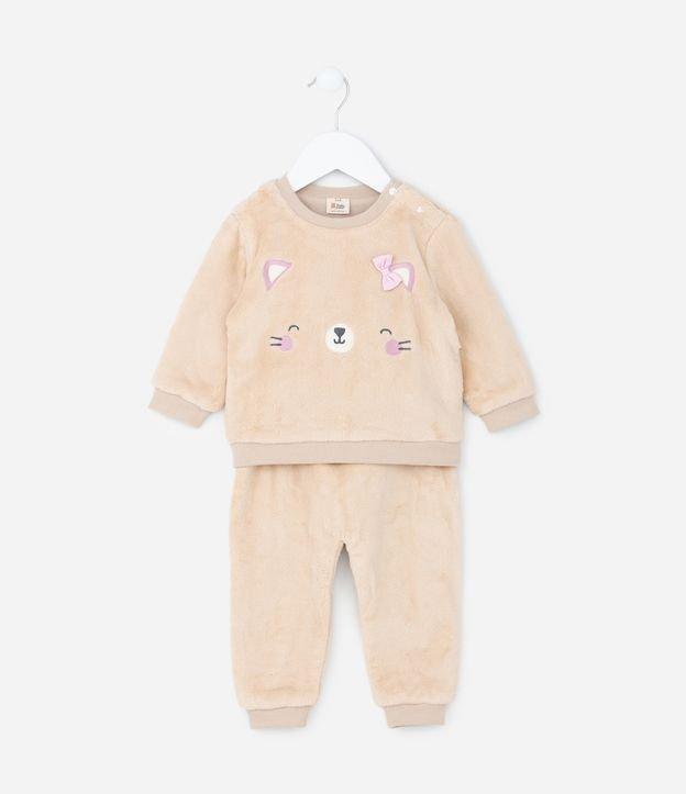 Conjunto Infantil em Fleece com Bordado Carinha de Gatinha - Tam 0 a 18 meses - 1