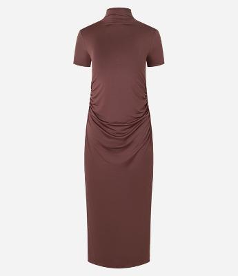 Vestido Longo em Jersey com Golinha Alta e Franzido