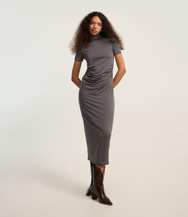 Vestido Longo em Jersey com Golinha Alta e Franzido - 2
