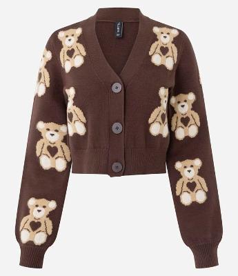 Cardigan Curto em Jacquard com Botões e Ursinhos em Repetição
