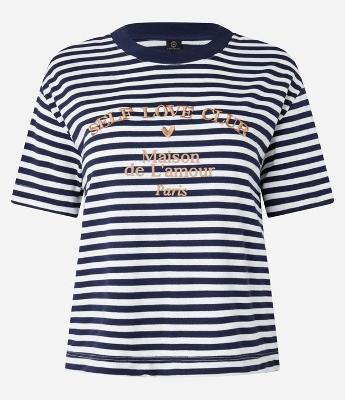 Camiseta Boxy Listrada com Bordado Lettering e Coração