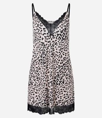 Camisola Curta Estampada de Onça com Renda no Decote