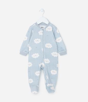 Macacão Infantil em Plush com Estampa Nuvem - Tam RN a 18 meses