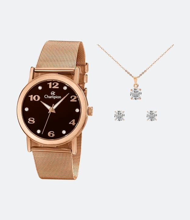 Kit Relógio Champion Analógico com Caixa e Pulseira em Aço Rosegold CN29034D - 1