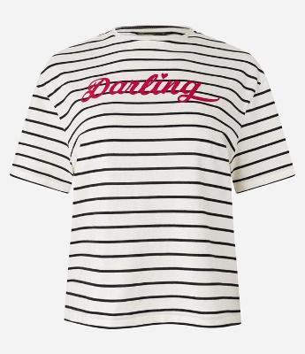 Camiseta Boxy Listrada em Algodão com Lettering Darling