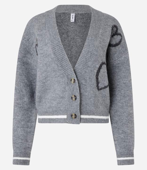 Cardigan Curto em Tricô com Botões e Estampa de Corações - 1