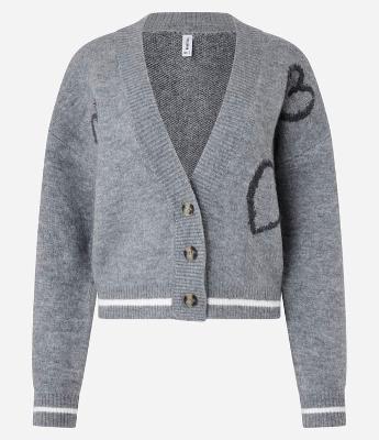 Cardigan Curto em Tricô com Botões e Estampa de Corações