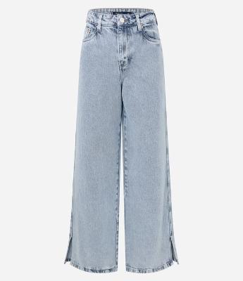 Calça Wide Leg em Jeans Marmorizada com Fenda Lateral