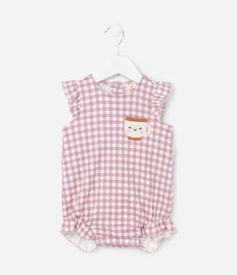 Macaquinho Infantil com Babados e Bordado Xícara - Tam 0 a 18 meses