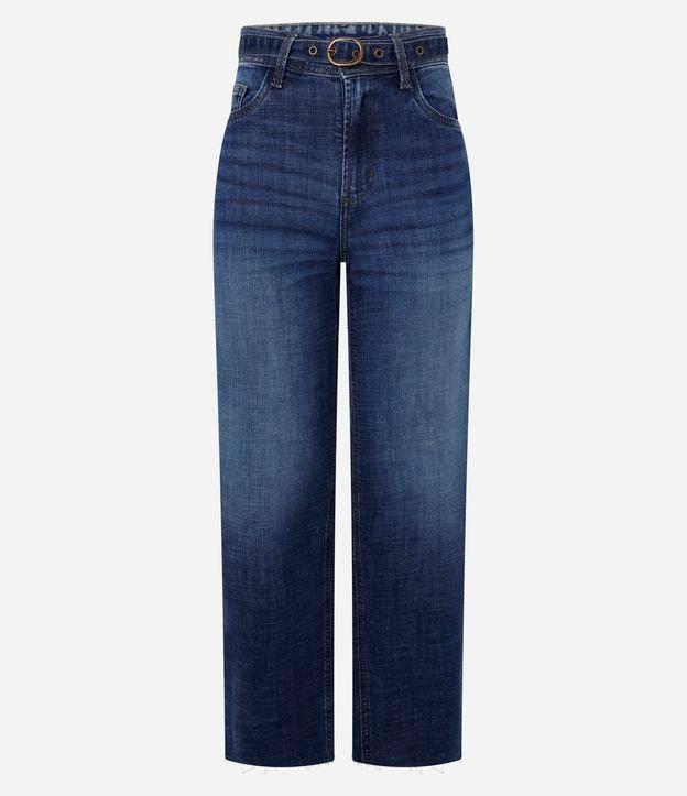 Calça Reta Cropped em Jeans com Barra Desfiada e Cinto com Fivela - 1