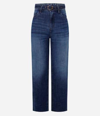 Calça Reta Cropped em Jeans com Barra Desfiada e Cinto com Fivela