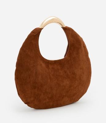 Bolsa Hobo Média em Suede com Alça Rígida Metalizada