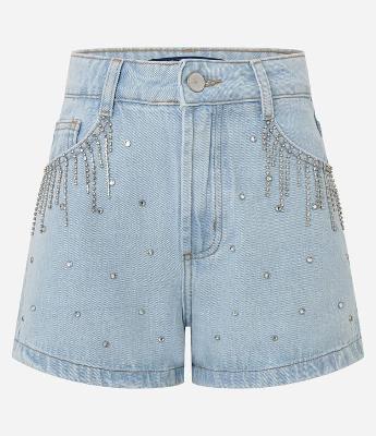 Short Slim em Jeans com Brilhos Aplicados e nos Bolsos