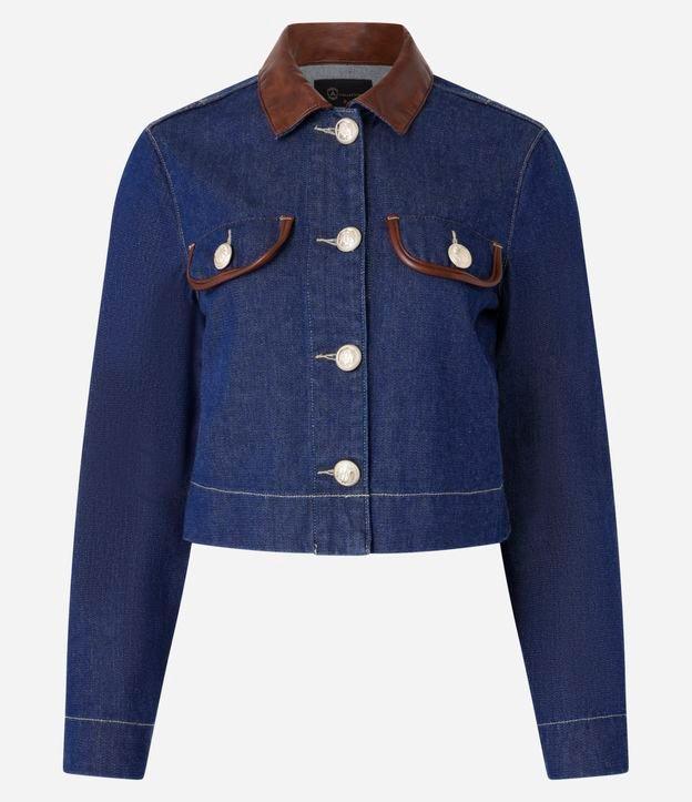Jaqueta Regular em Jeans com Gola de PU - 1