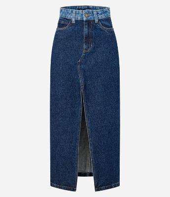 Saia Longa em Jeans com Cós Contrastante e Fenda