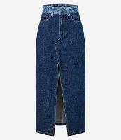 Saia Longa em Jeans com Cós Contrastante e Fenda - 1