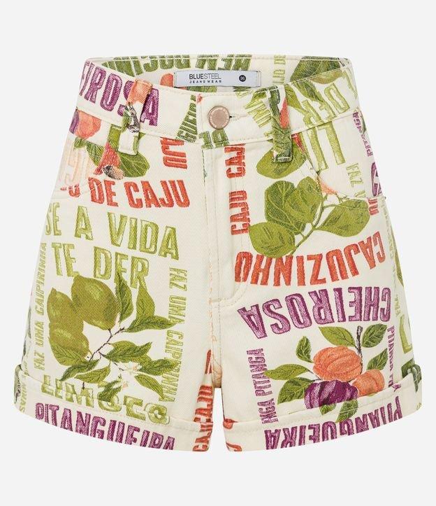 Short Baggy em Jeans Floral com Frutinhas e Pregas - 1