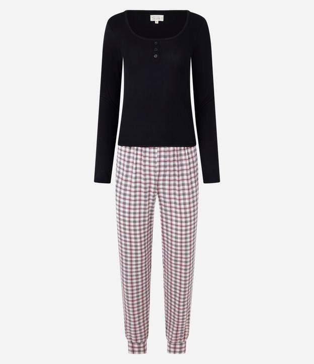 Pijama Longo em Ribana com Calça Xadrez - 1