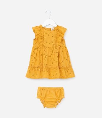 Vestido Infantil em Tricoline Texturizado com Babados - Tam 3 a 18 meses