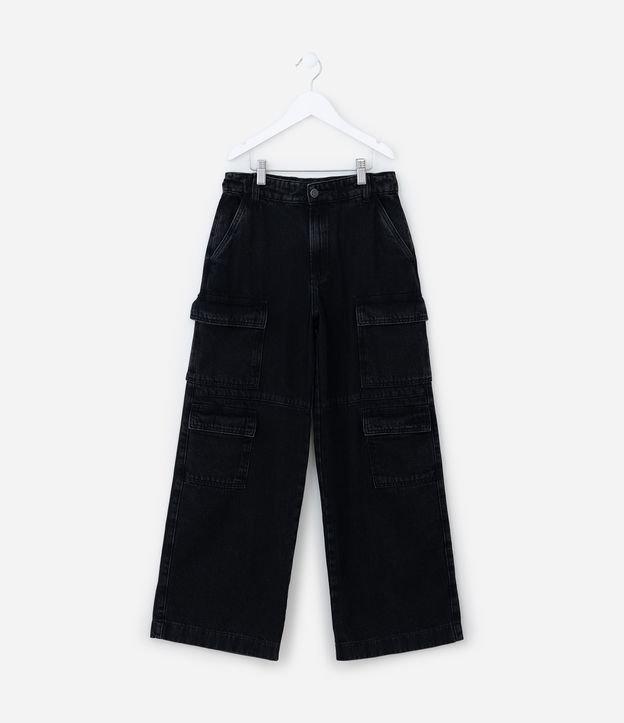 Calça Wide Leg Infantil em Sarja com Bolsos Cargo - Tam 5 a 14 Anos - 1