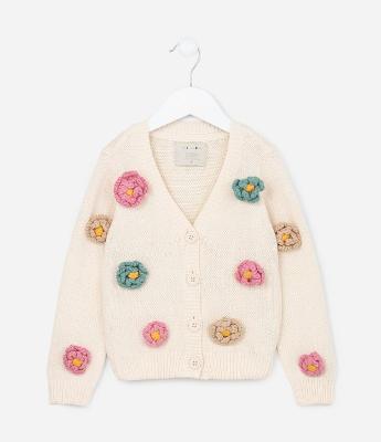 Suéter Infantil em Tricô com Florzinhas Aplicadas - Tam 1 A 5