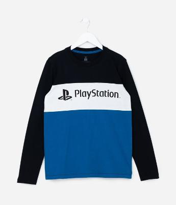 Camiseta Infantil com Recortes e Estampa Playstation - Tam 5 a 14 Anos