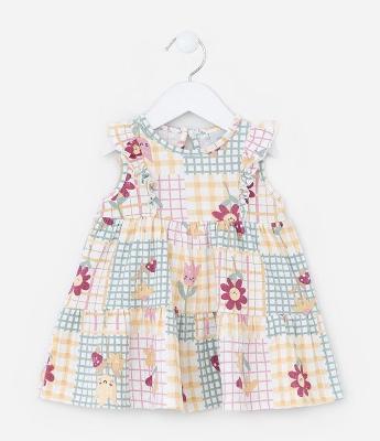 Vestido Infantil Texturizado com Estampa Floral e Xadrez - Tam 0 a 18 meses