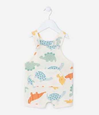 Jardineira Infantil com Bolso e Estampa Dinos - Tam 0 a 18 meses