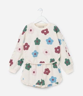 Conjunto Infantil Texturizado com Estampa Flores - Tam 1 a 5 Anos
