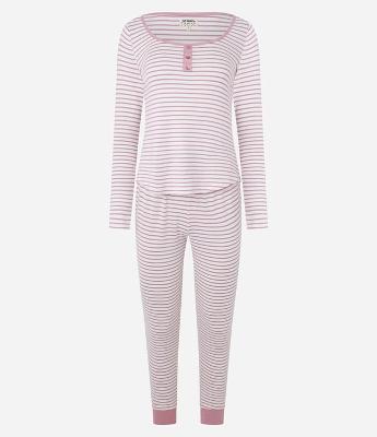 Pijama Longo em Tricô com Botões e Estampa Listrada