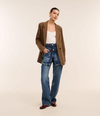 Calça Reta em Jeans com Saia Sobreposta e Cós Duplo