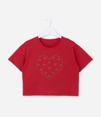 Camiseta Curta Infantil com Estampa de Corações - Tam 5 a 14 Anos