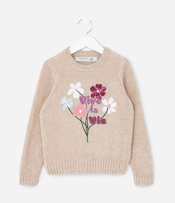 Suéter Infantil em Chenille com Bordado de Flores - Tam 5 a 14 Anos