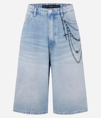 Bermuda Jorts Super Baggy em Jeans com Estampa Cordão e Puídos