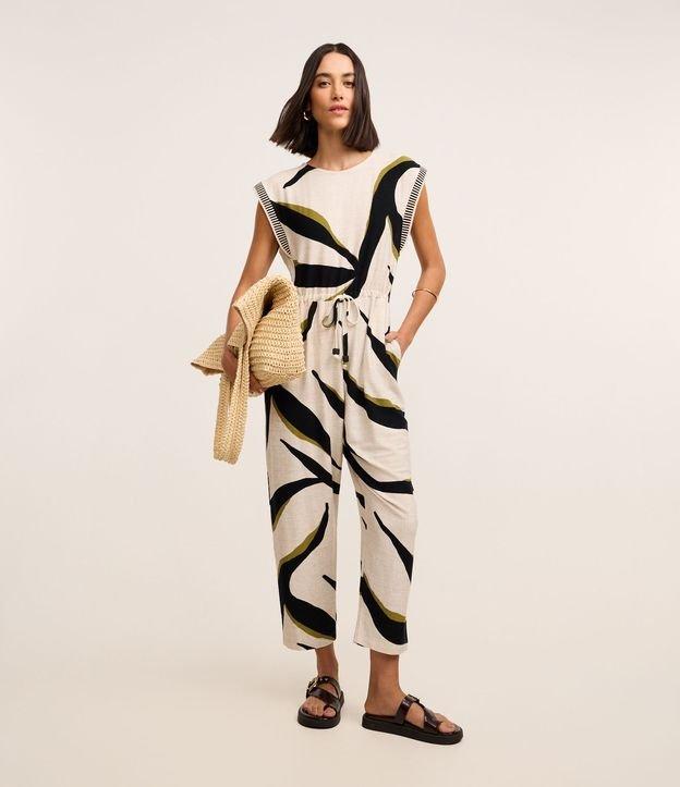 Macacão em Viscose com Cava de Tricô Listrado e Estampa Abstrata - 2