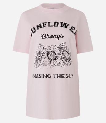 Camiseta Alongada em Algodão com Estampa Sunflower Always