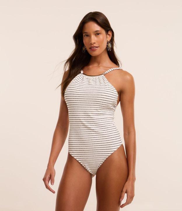 Maiô em Microfibra Canelada com Estampa Listrada e Aviamento Metálico - 1